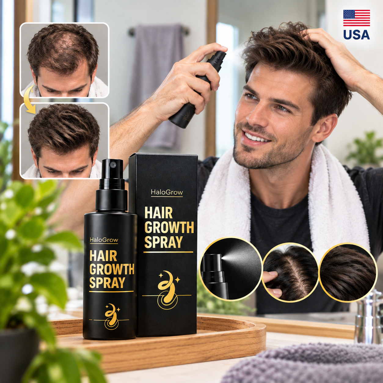 Man applying HaloGrow spray to a targeted scalp area with visual hair comparison
