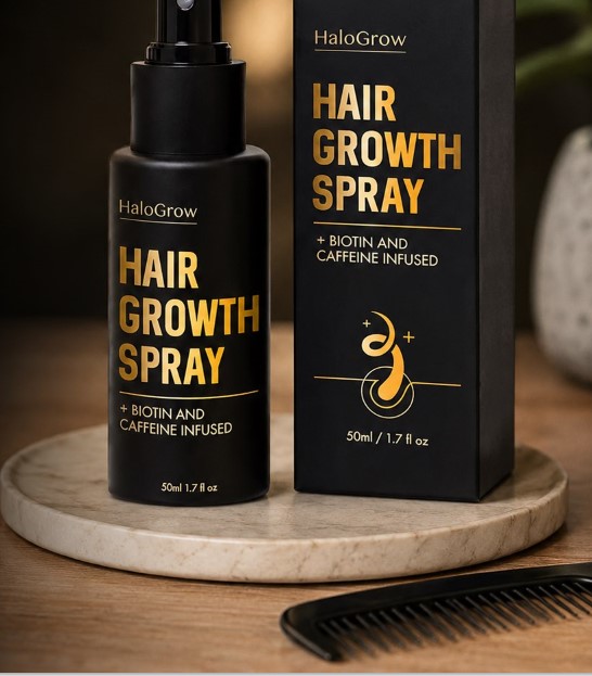 Close view of HaloGrow spray bottle and carton showing biotin and caffeine